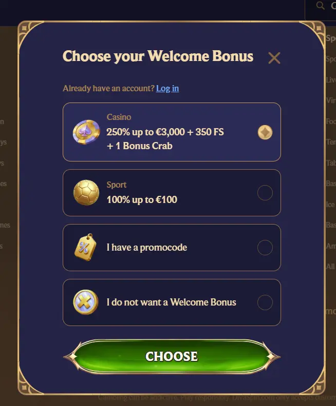 Bono de bienvenida de Divaspin Casino